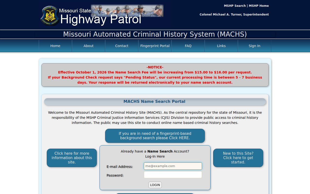 Missouri State Highway Patrol public criminal history interface