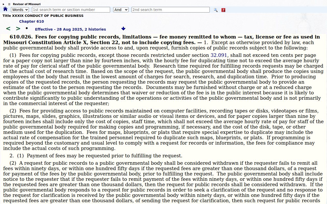 Missouri statutory public record fee provisions