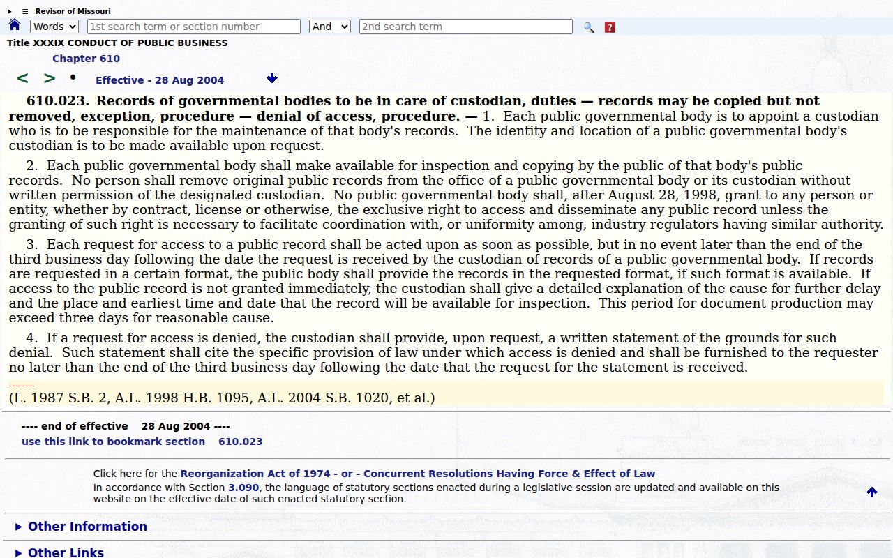 Missouri Sunshine Law custodian and response statute