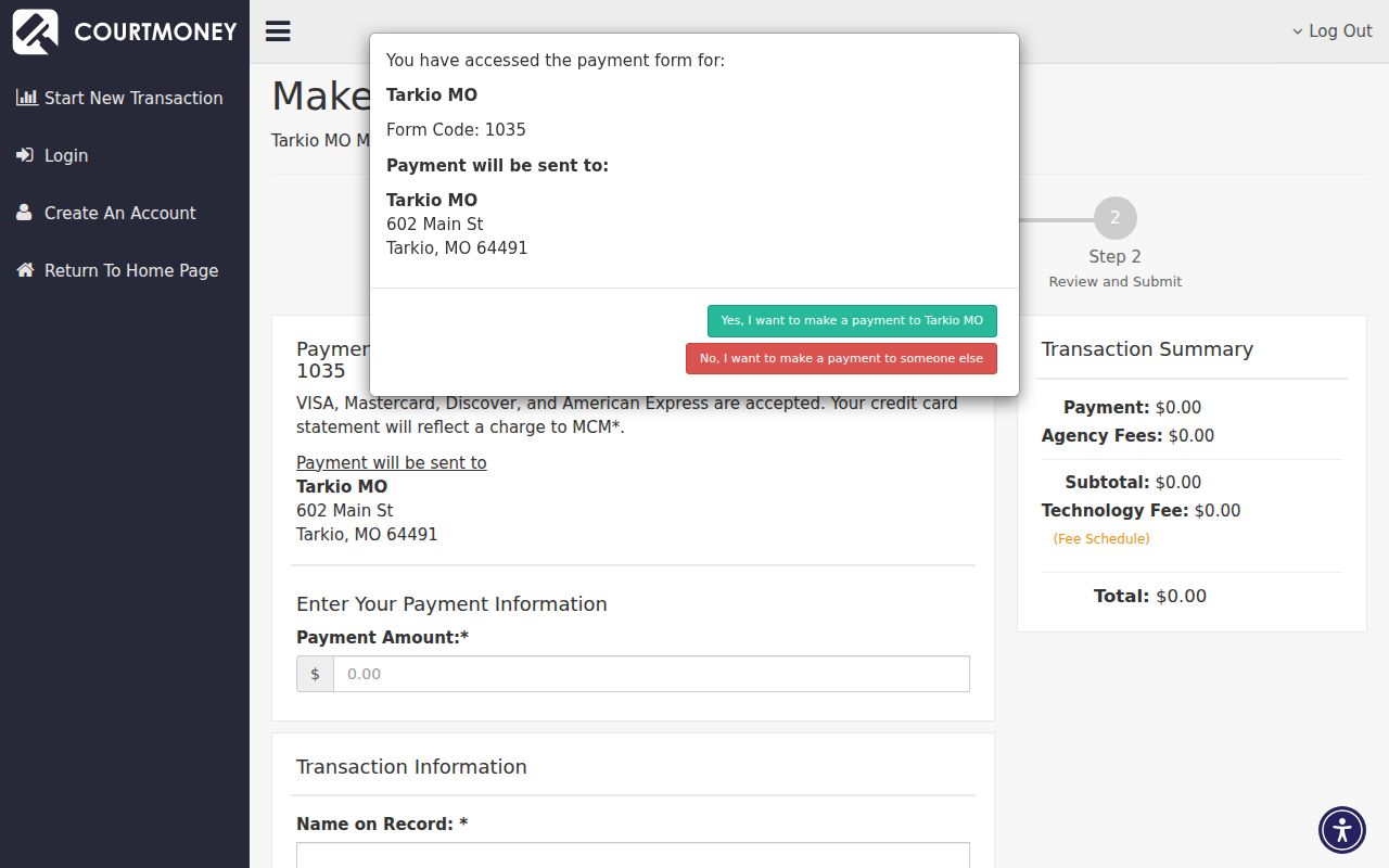 Tarkio CourtMoney municipal payment form interface