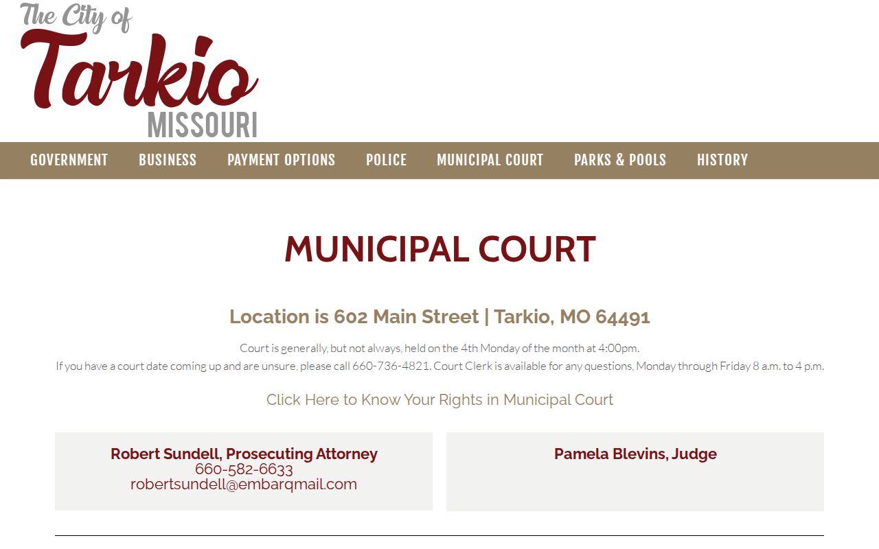 Tarkio municipal court official contact and payment page