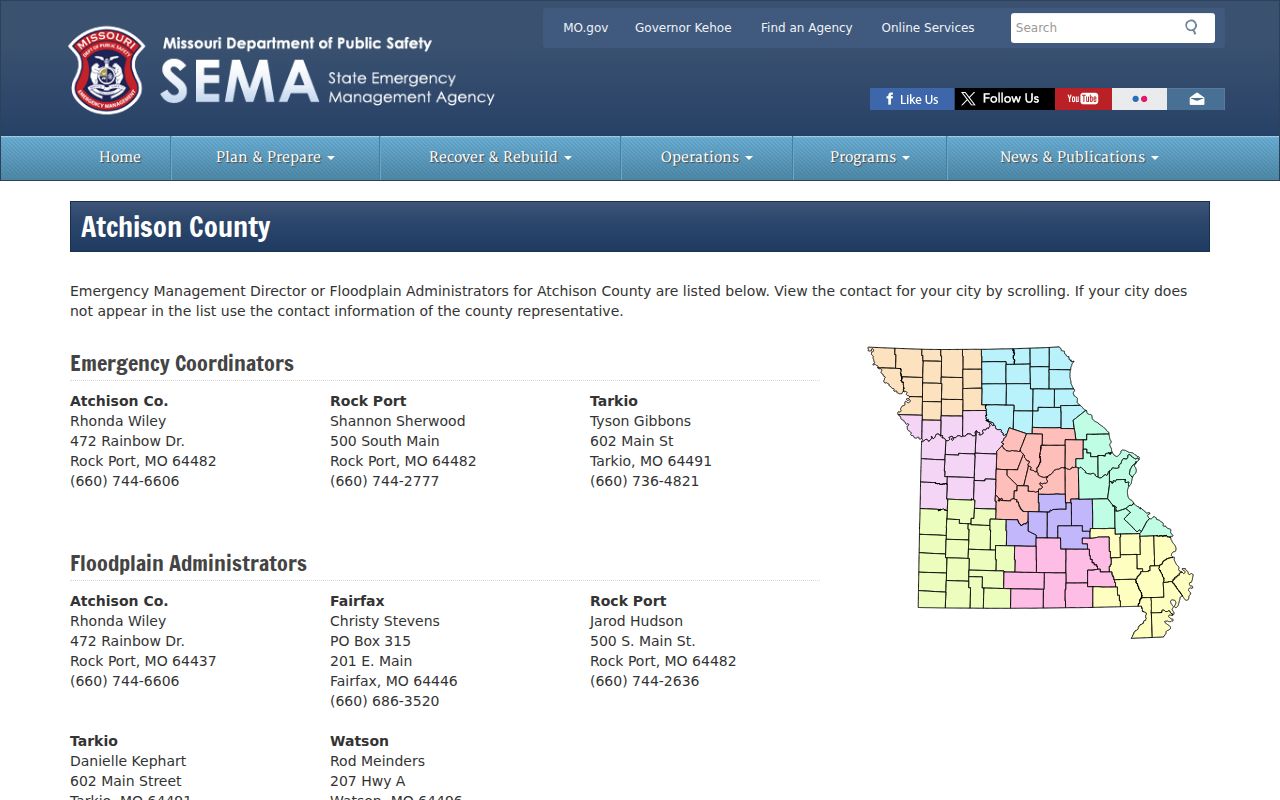 Missouri state directory of Atchison County municipal contacts