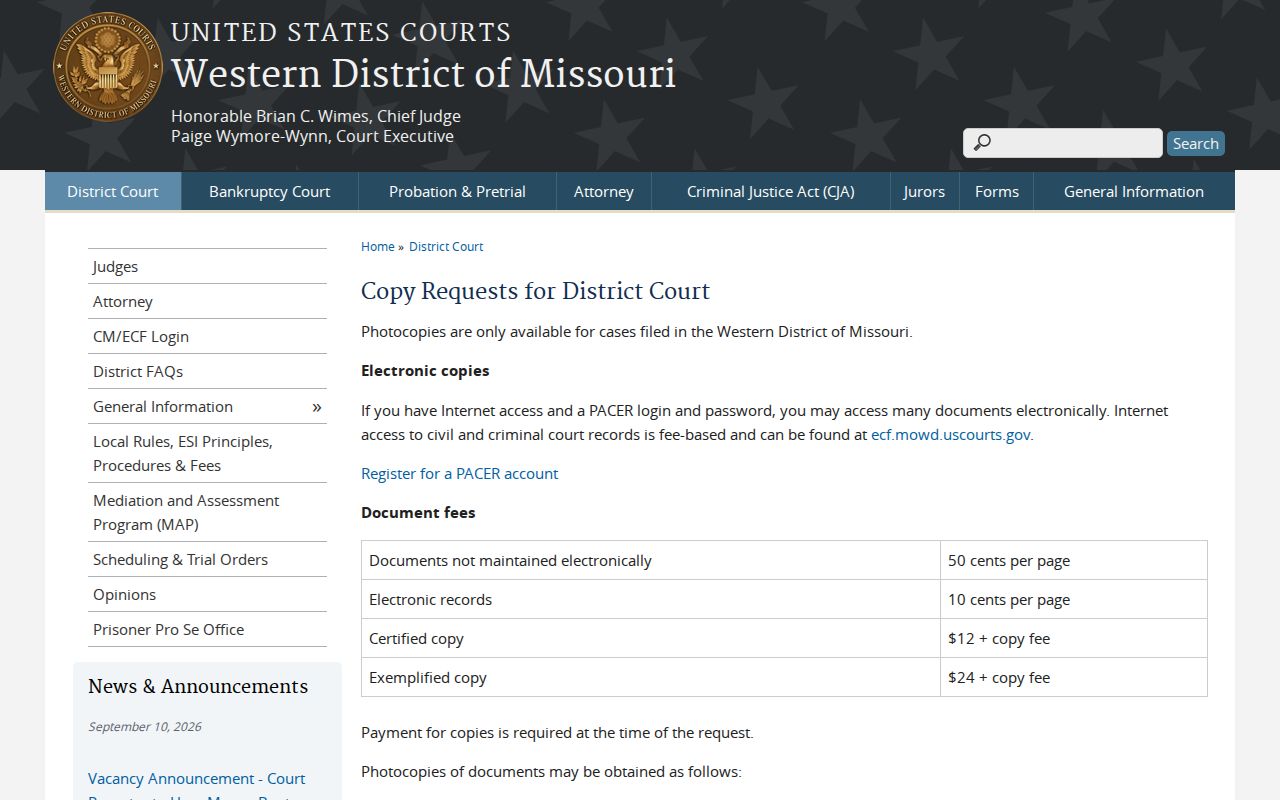 Western District of Missouri federal record copy request instructions
