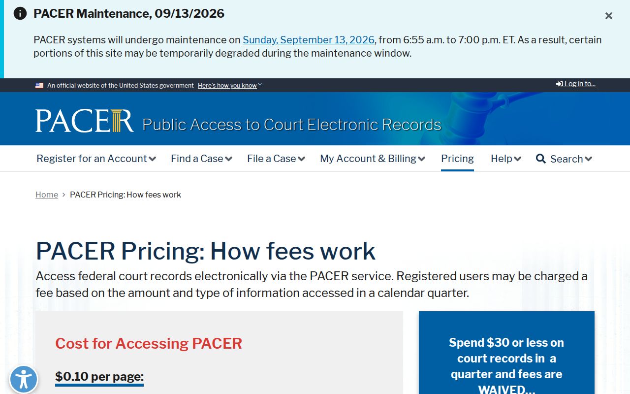PACER federal case search and document fee guidance